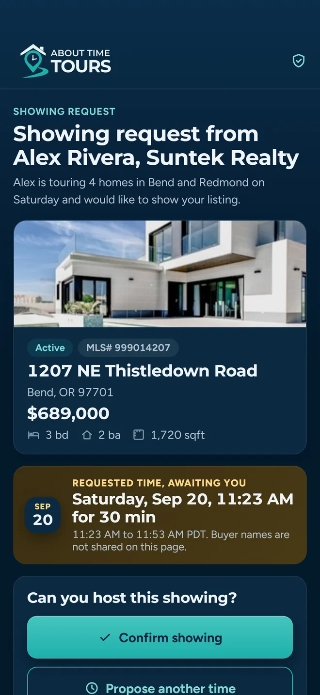A tour confirmation request for a property showing, with the requested date and time