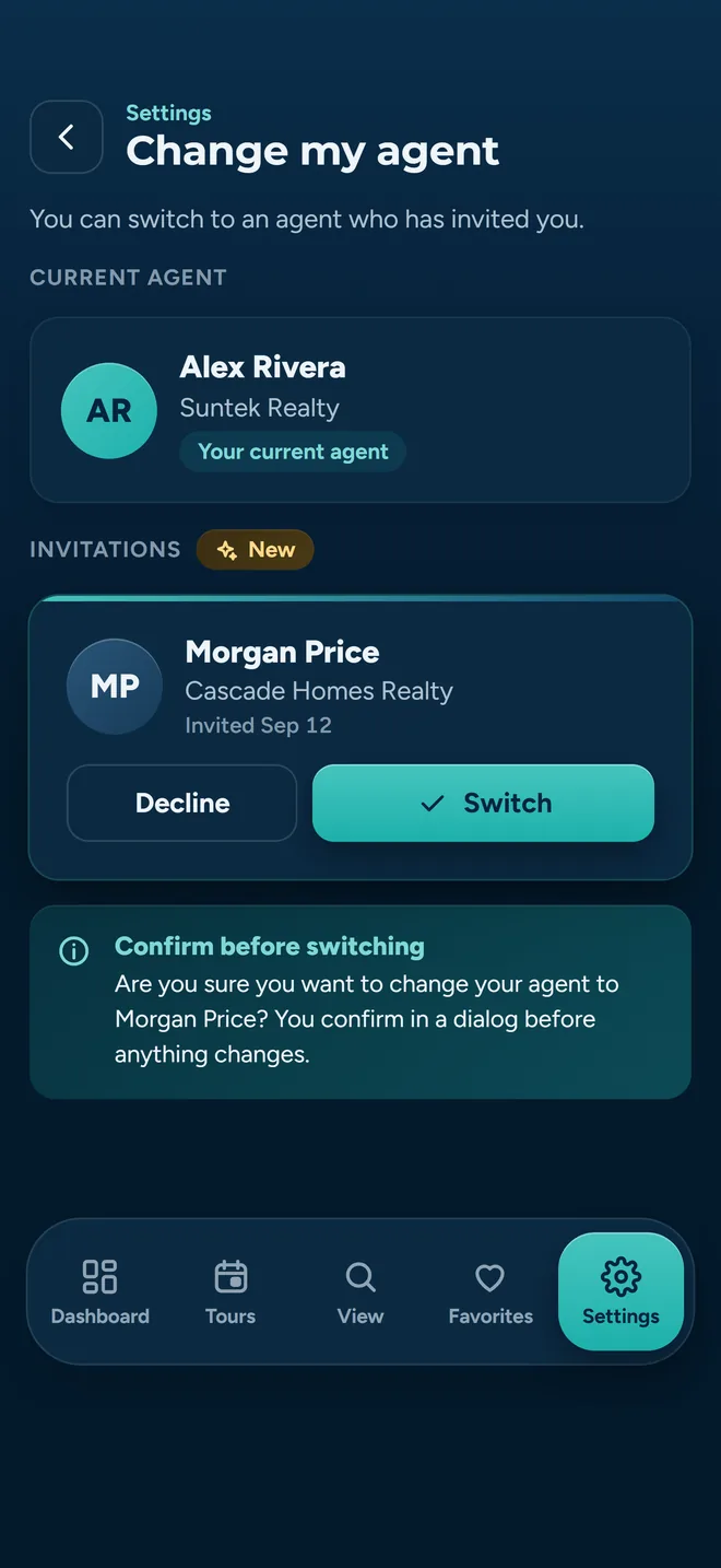 The agent screen a buyer sees in About Time Tours: the agent they are currently working with, and an invitation from another agent with Decline and Switch actions.
