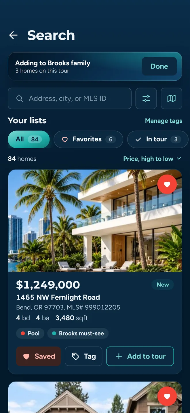 Property search results in About Time Tours with listings selected for a tour