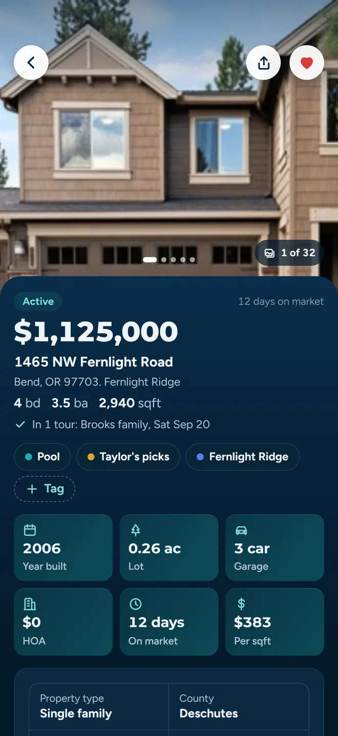 A property detail view in About Time Tours showing photos, price and property information