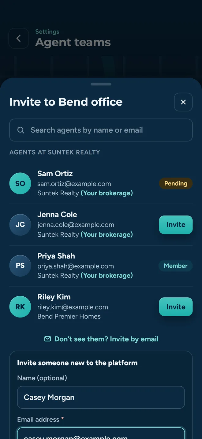 The Agent Teams invite sheet in About Time Tours: a search field, agents at the same brokerage listed with Invite, Pending and Member states, and a form to invite someone new by name and email