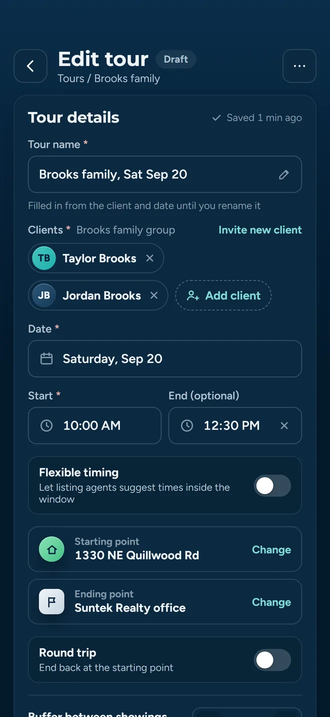 The create tour screen with fields for tour name, date and start time