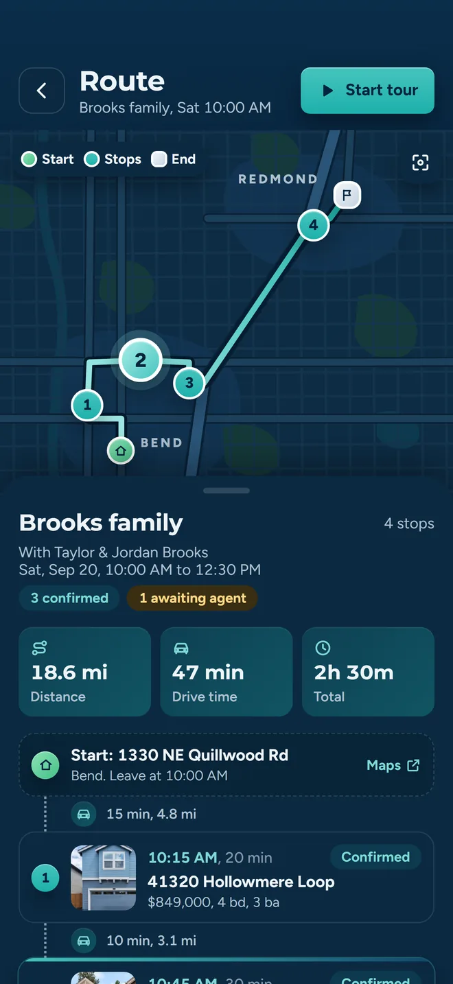 A multi-stop tour in About Time Tours showing each property in visit order with its arrival time