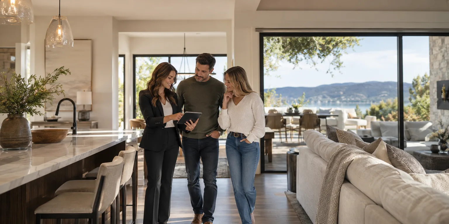 Buyer's agent reviewing property details with buyers during a home tour.