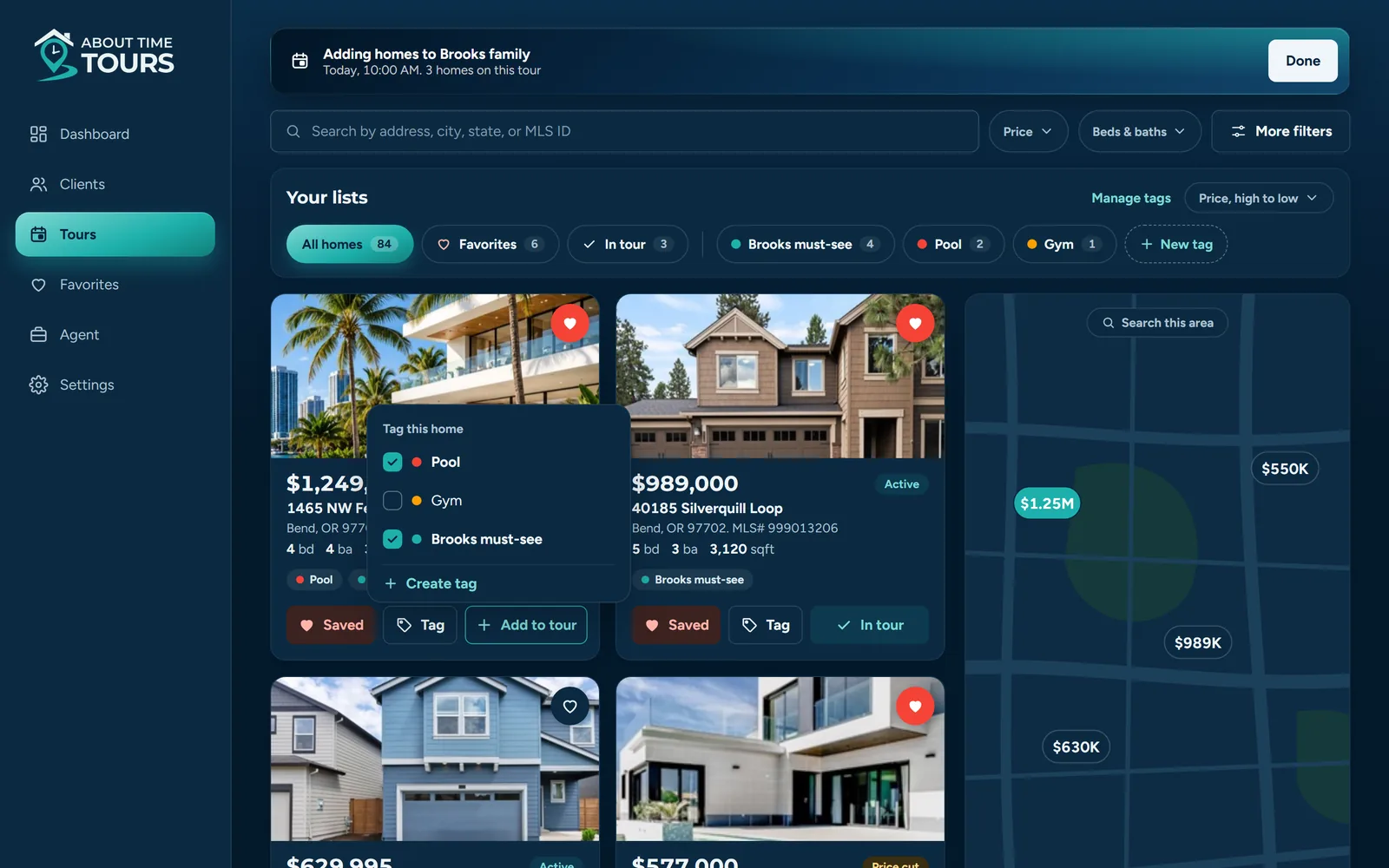 About Time Tours on a laptop: the listing search with favorites and tag filters, listing cards and a map of the area, while homes are added to a buyer's tour.