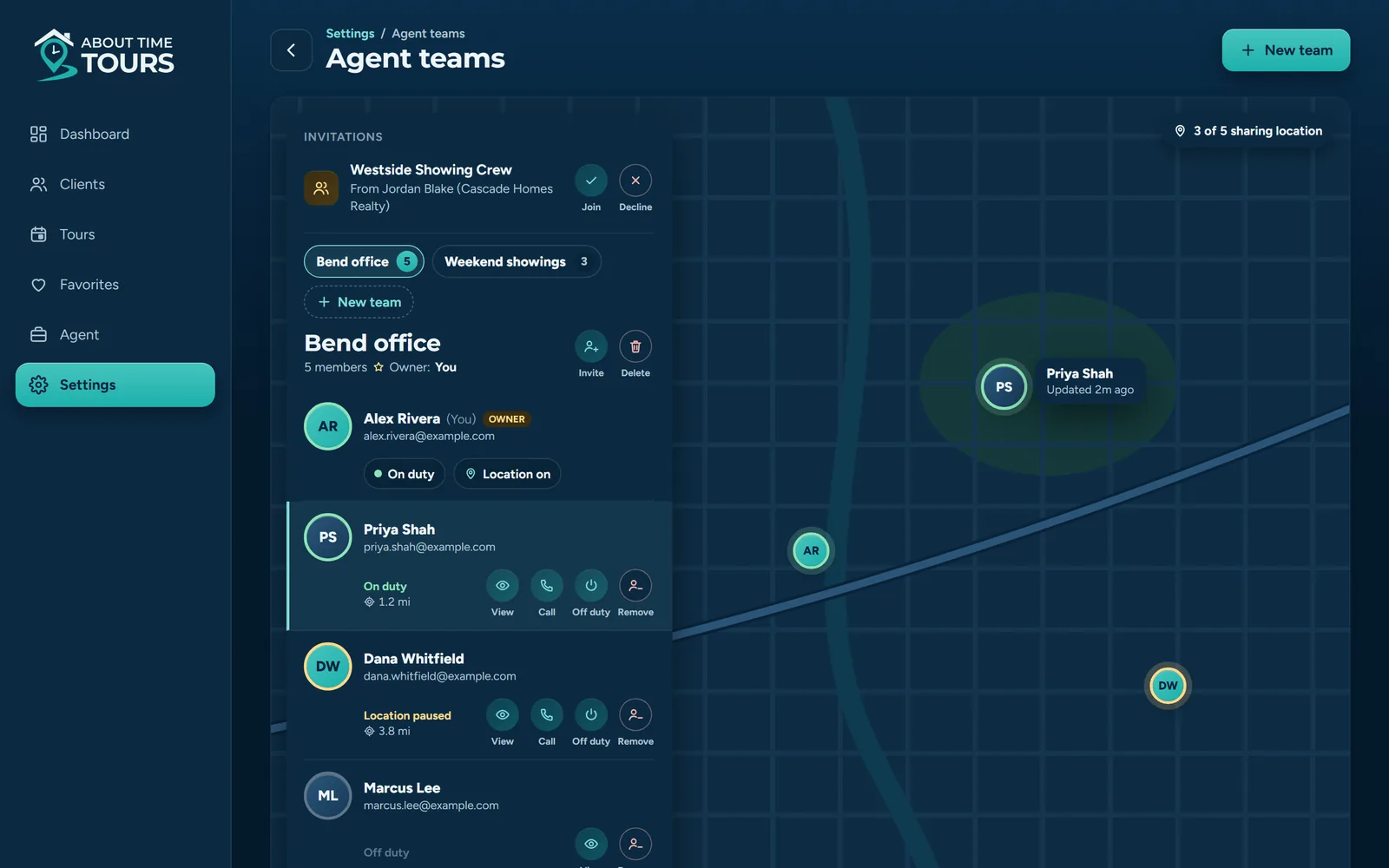 About Time Tours on a laptop: the team view listing an agent team's members with their duty and location status, team invitations, and a map of teammates sharing location.